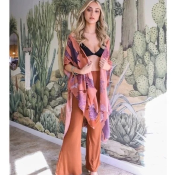 Roseclay Pink Floral Flower Print Motif Kimono Wrap Coverup Open Top Casual - Picture 2 of 3